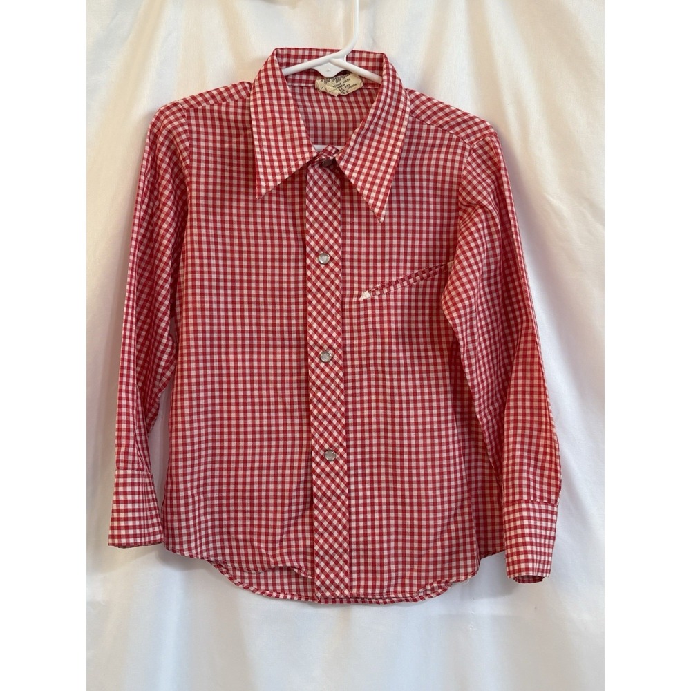 Vintage 70s Sears Western Pearl Snap Shirt Red White Cowboy Button Boy's Size 6 - Picture 1 of 7